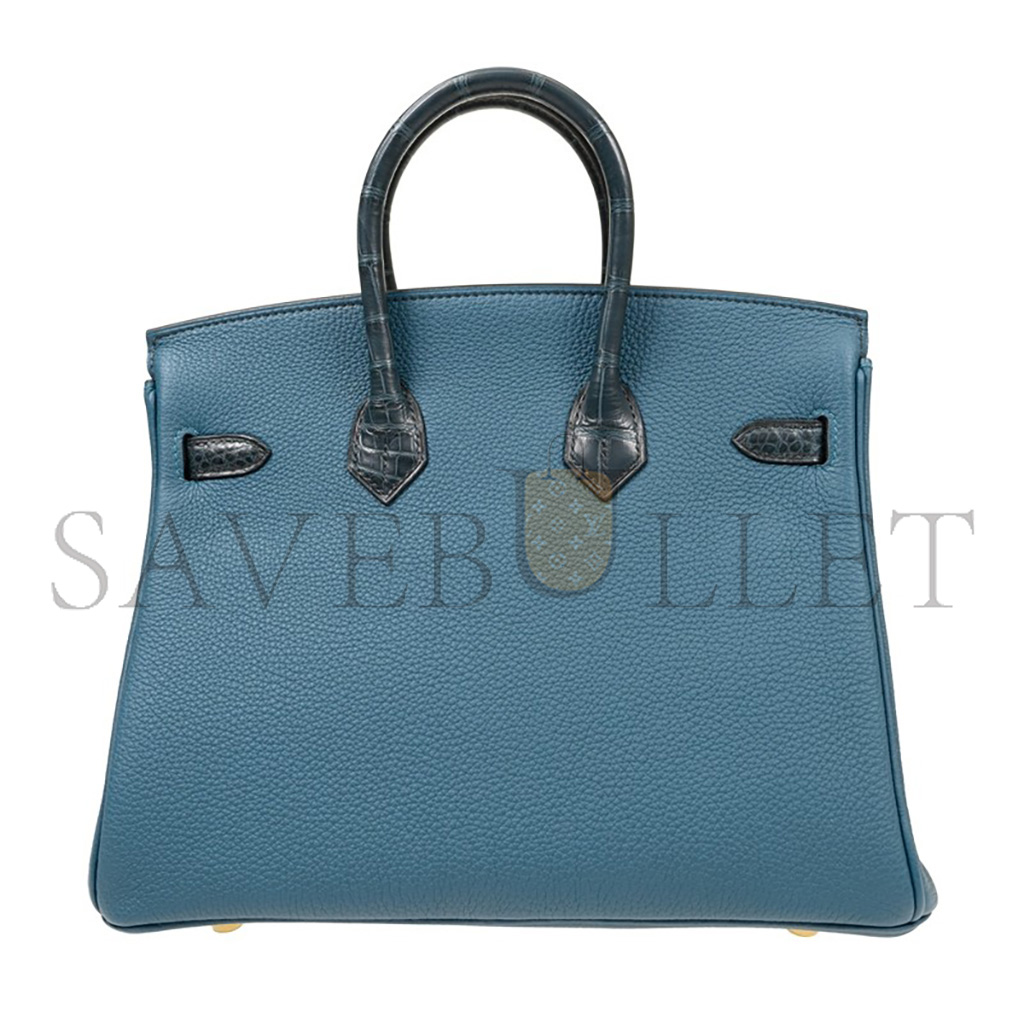 H**mes master birkin 25 crocodile and togo leather storm blue gold buckle h076216ck35 (25*20*13cm)